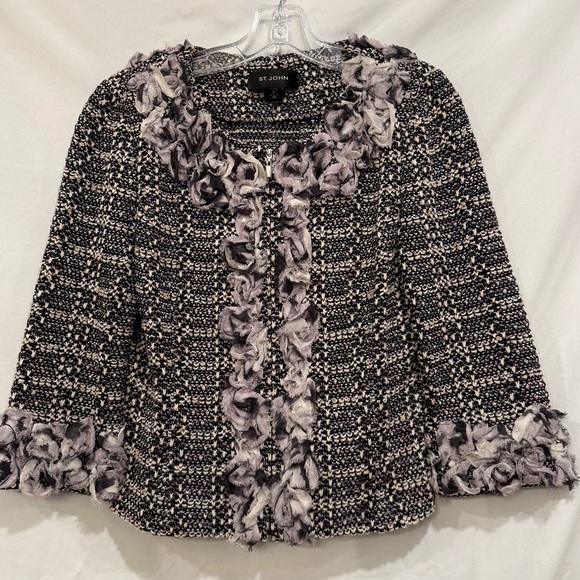 ST JOHN Jacket size 6 Purple Black White Boucle Tweed Ruffle Trim Zip Up - Picture 1 of 11